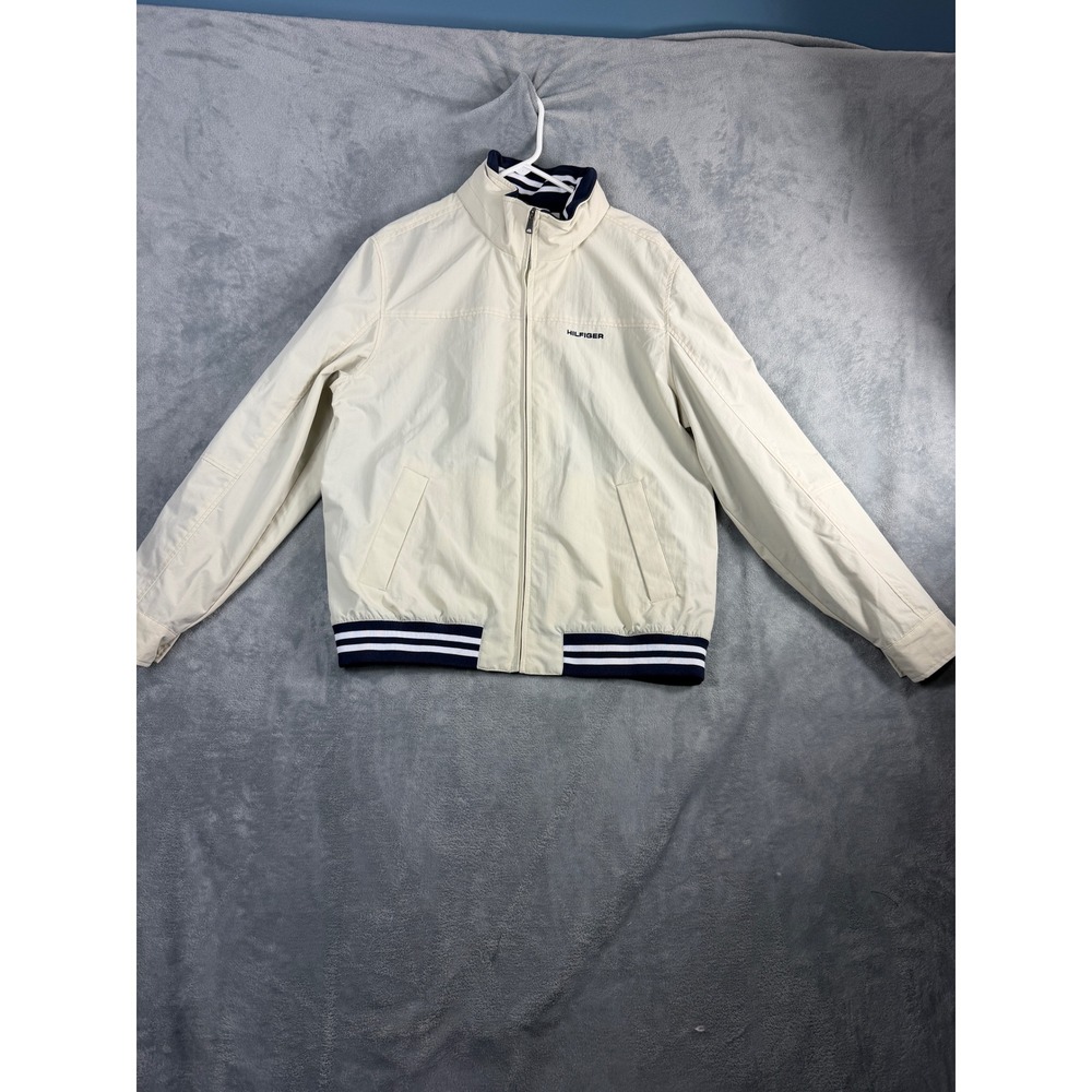 Tommy Hilfiger Men Large Cream Bomber Jacket Windbreaker Full Zip Preppy Varsity